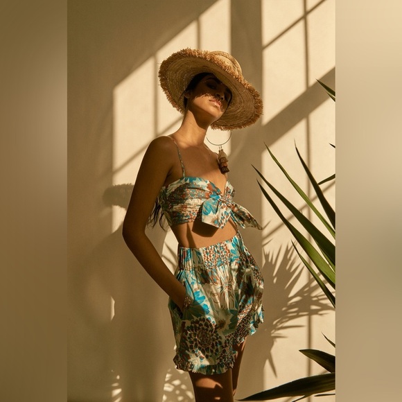 New! AMUR Alva Floral Front Tie Crop Top 100% Organic Cotton 💙🤎 XL - Picture 3 of 11